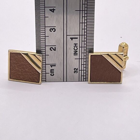 Vintage Swank Gold Tone Leather Cufflinks MCM Classic Modern 1" Inch Square - Picture 7 of 7